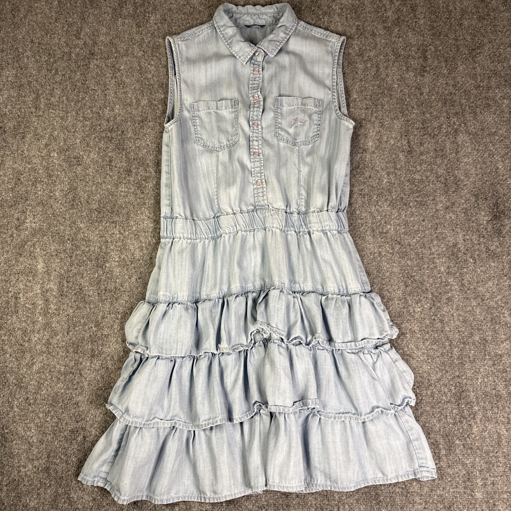 Guess Girls 16 Denim Chambray Pearl Snap Tiered Ruffle Skirt Dress Sleeveless
